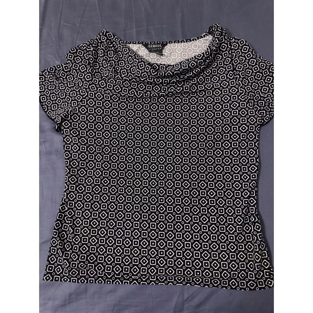 George Stretch Woman Cowl Neck Short Sleeve Geometric Blouse Black White L mod